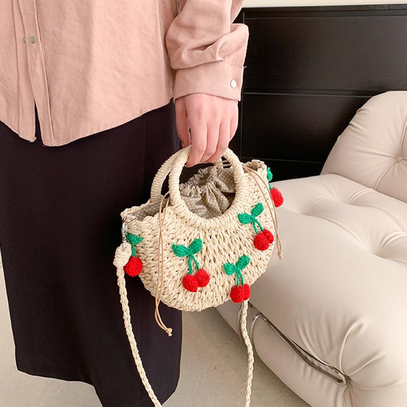 Yogodlns Bolsa de Palha Cereja Feminina Bolsa de Mão Tecida à Mão Formato de Lua Bolsa de Rattan Grande Capacidade Cordão Casual Bolsa de Ombro Cruzada para Praia