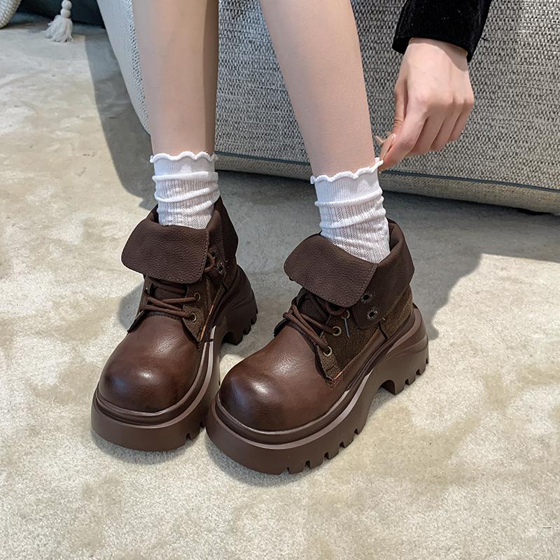 Fashion Aphixta Classical 7cm High Chunky Heel Women's Ankle Boots Cross-tied Leather Women's Autumn Boots Korean Style Platform Boots