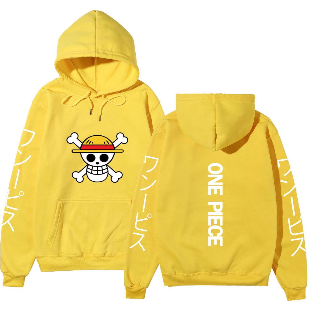 One Piece Straw Hat Jolly Roger Hoodie, Japanese Letter Sleeve Print Pullover Sweatshirt Unisex Casual Streetwear