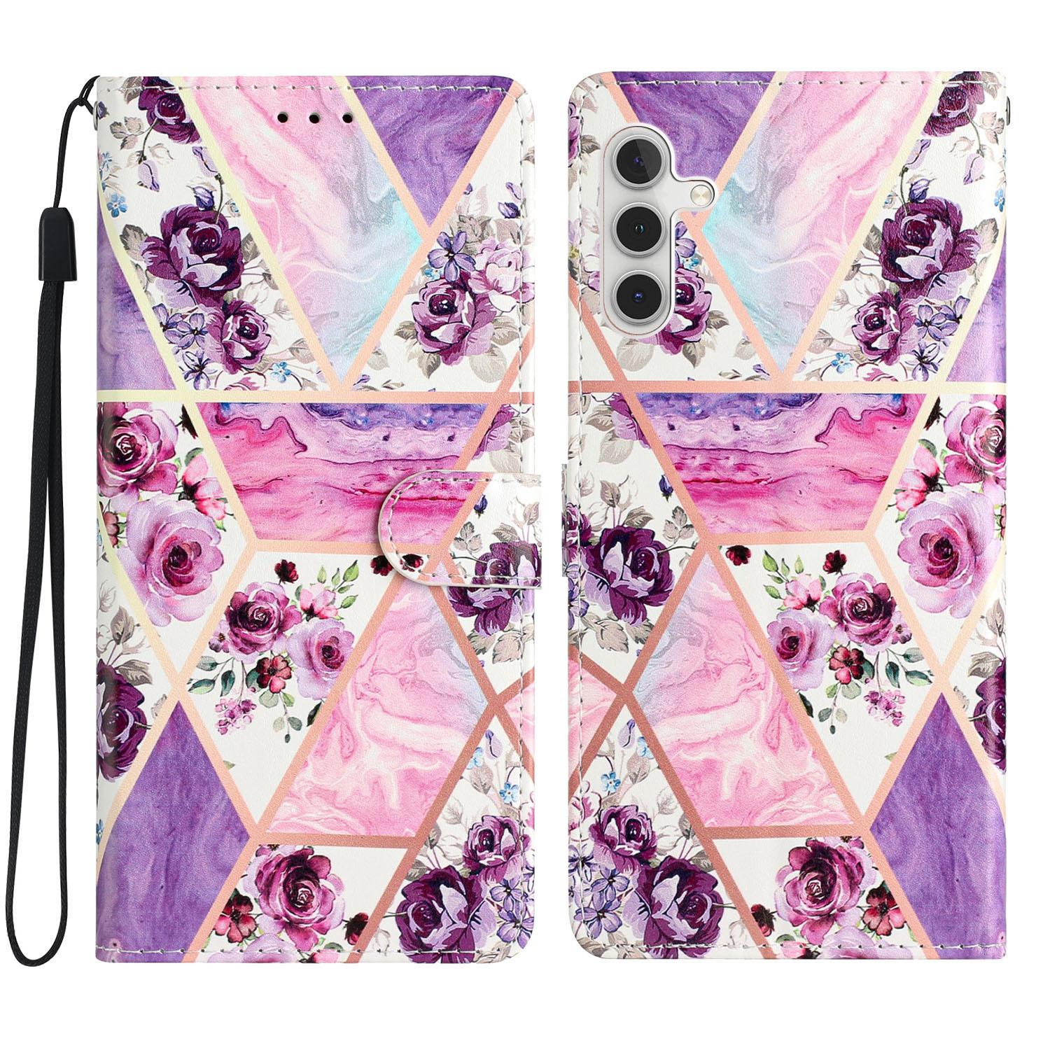 

For Samsung Galaxy A55 5G Stylish Printing Leather Case with Card Slots Purple Flowers