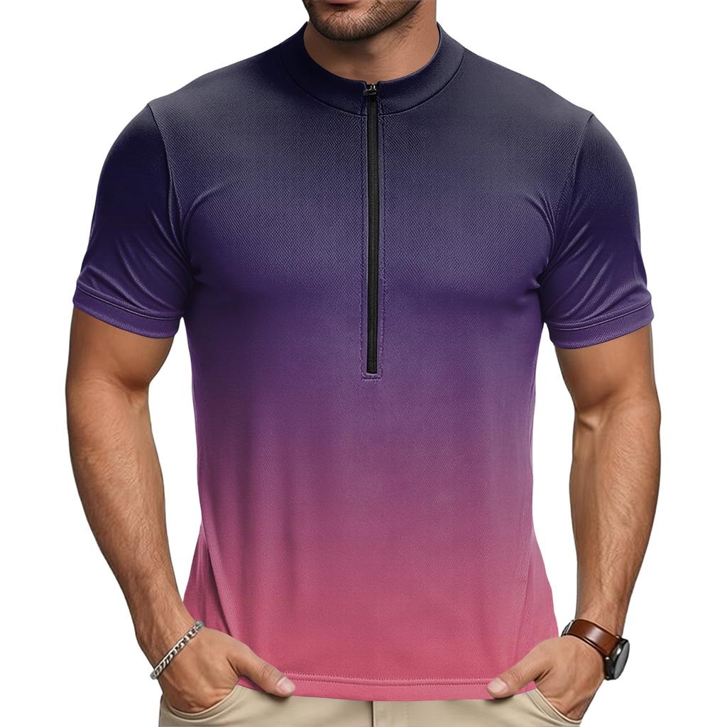Men’s Crew Neck Gradient Print Zip Breathable Quick Dry Short Sleeve Cycling Jersey for Outdoor Sports Riding