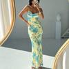 European and American Women clothes New Lace-up Long dress Floral Slim fit Sheath Print Sling Dress Strap Dress