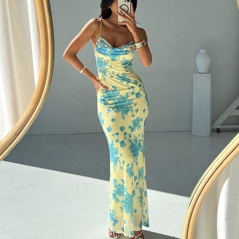 European and American Women Clothes New Lace-up Long Dress Floral Slim Fit Sheath Print Sling Dress Strap Dress