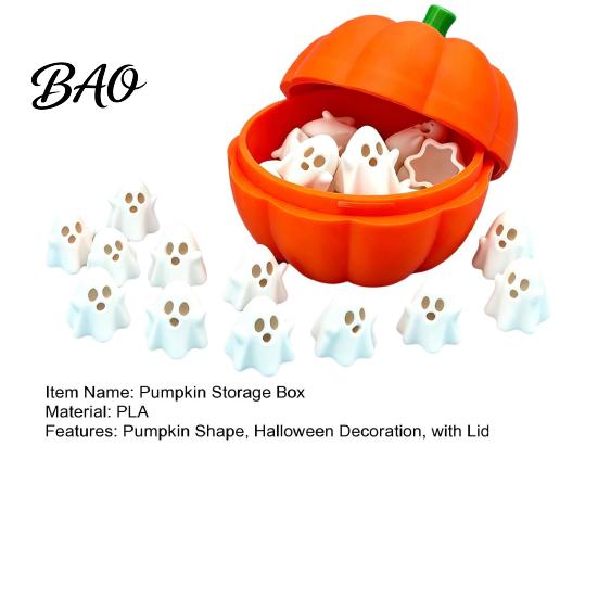 Halloween Pumpkin Box with 20 Mini Ghosts, Storage for Candy & 3D Printed Treat, Container Lid Trick or Treat Holiday Party Festive Decorations