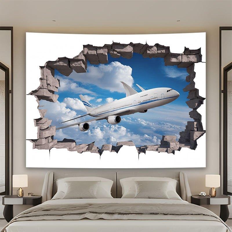 Giant Tapestry Airplane Flying Through Clouds Sky Wall Decor Artwork Large Hanging Poster for Bedroom Living Room 150x300cm