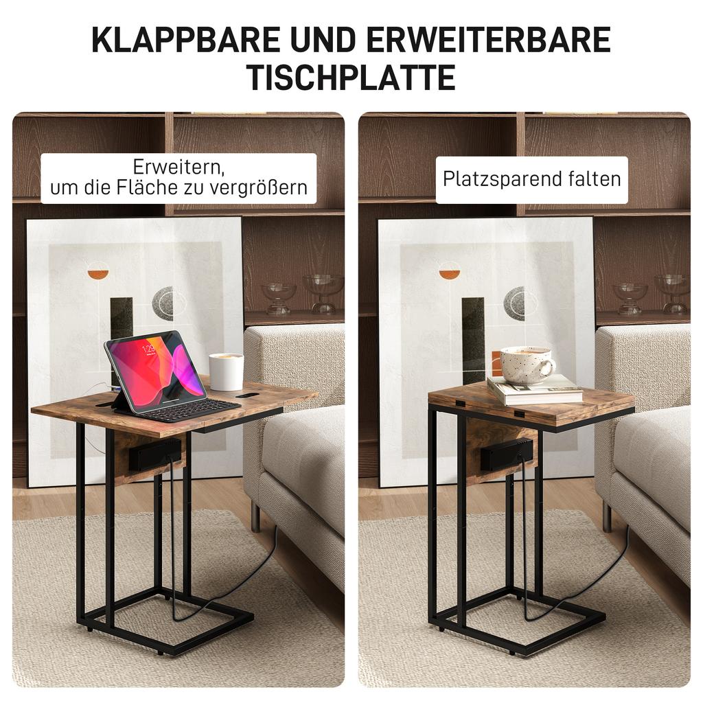Tavolino Pieghevole, Stazione di Ricarica con Porte USB, Metallo, 39 x 29 x 57 cm, Marrone