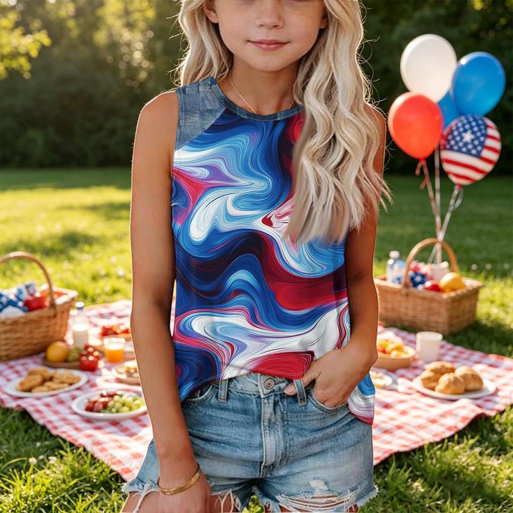 Sleeveless Loose Fit Tank Top for Women Round Neck Denim Print Star Pattern Casual Summer Shirt