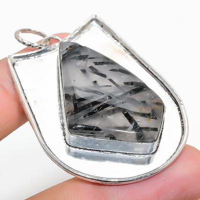 Natürlicher schwarzer Rutil-Edelstein, handgefertigter Anhänger aus 925er Sterlingsilber, 5,5 cm, y1w06