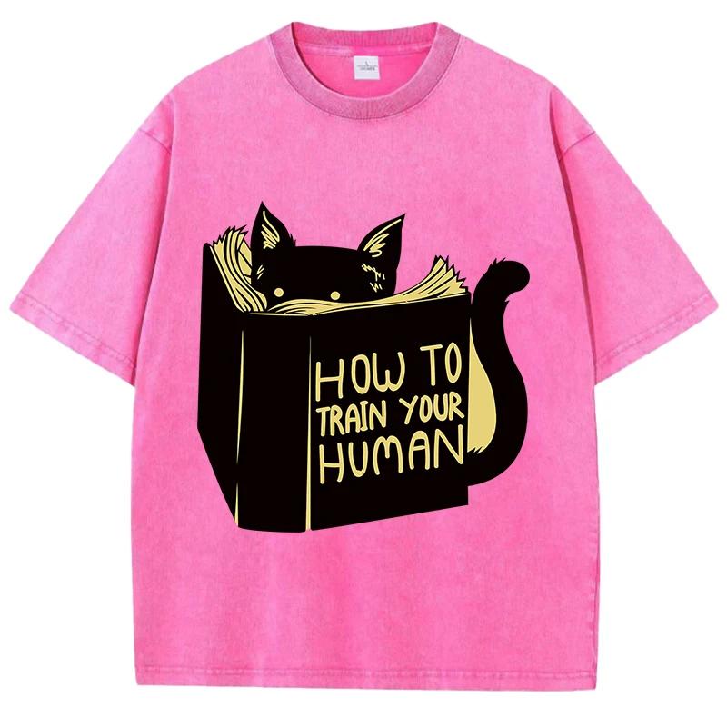 Smart Cat Reading Print T-shirt Men's and Women's Summer Breathable Shirt Water Wash Vintage Fashion Short Sleeve Soft T-shirt