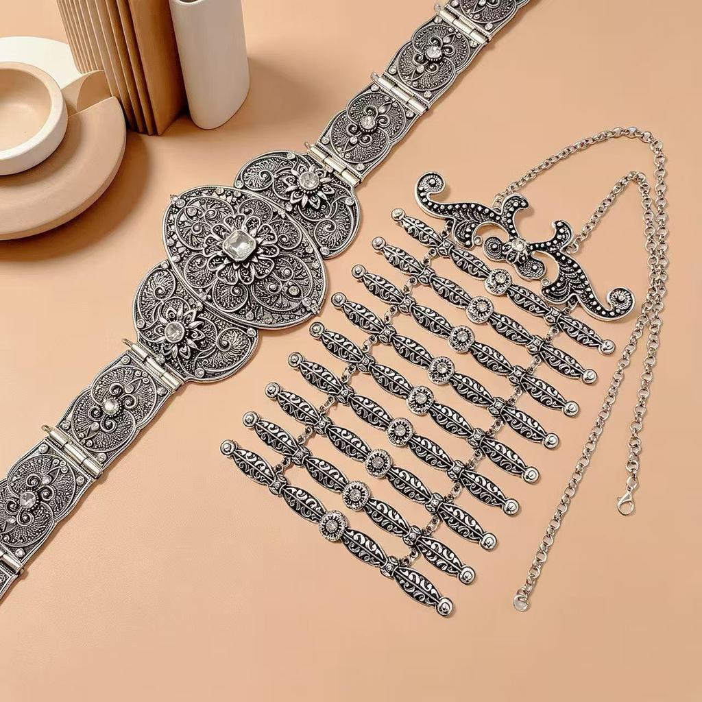 Caucasian Ethnic Rhinestone Women's Waist Belt & Breastplate Set