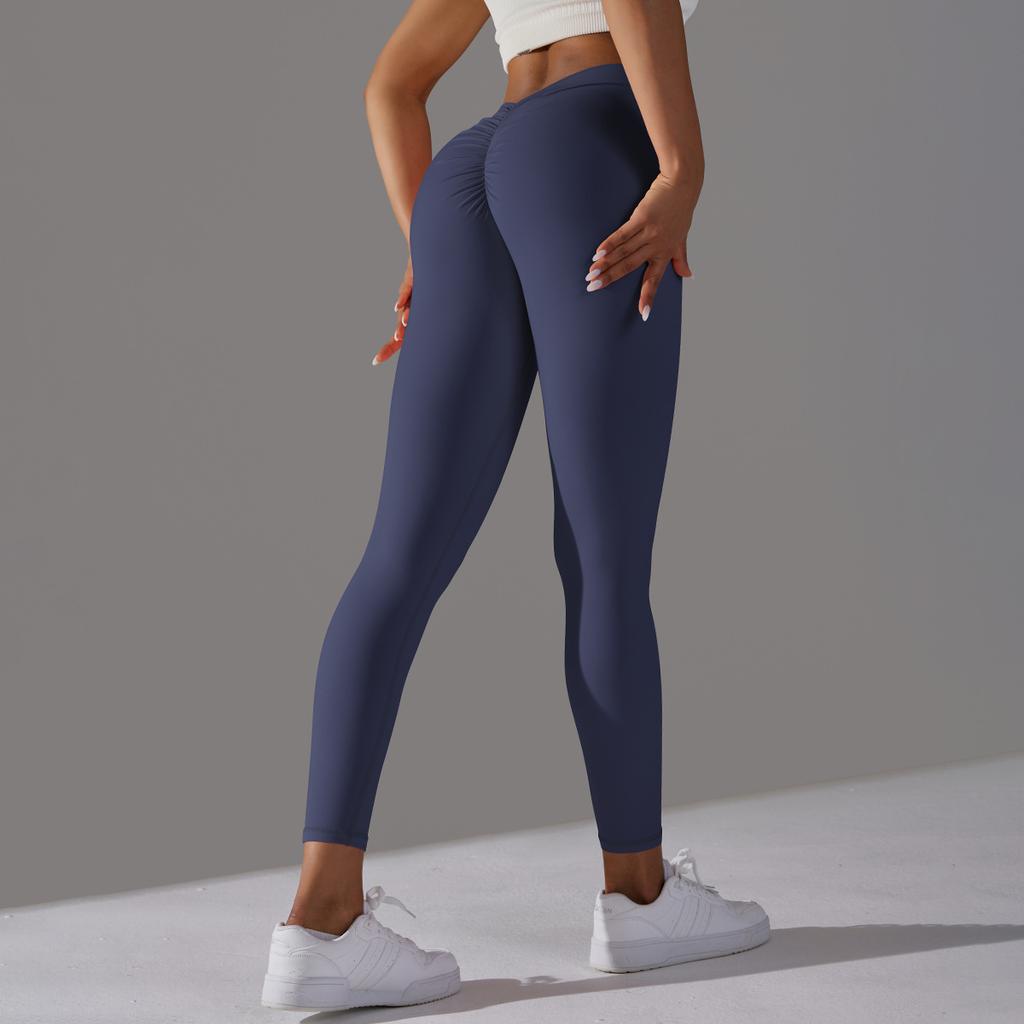 Brushed V-waist Pleated Solid Color Peach Hip Yoga Pants For Sports, Running, Fitness, Tight Fitting Cropped Pants