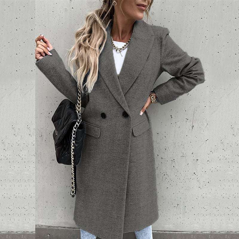 Women's Long Double Breasted Blazer Coat In Beige, Light Gray, Black & Off White with Notched Lapel