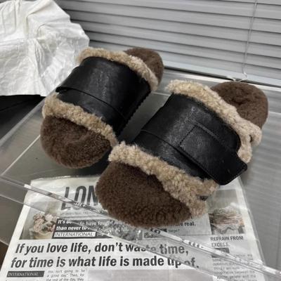 2024 Fashion Retro Flat Fur Shoes Women's Cotton Slippers Casual Thick Sole Comfortable Lamb Wool Slides Winter All-match Shoes