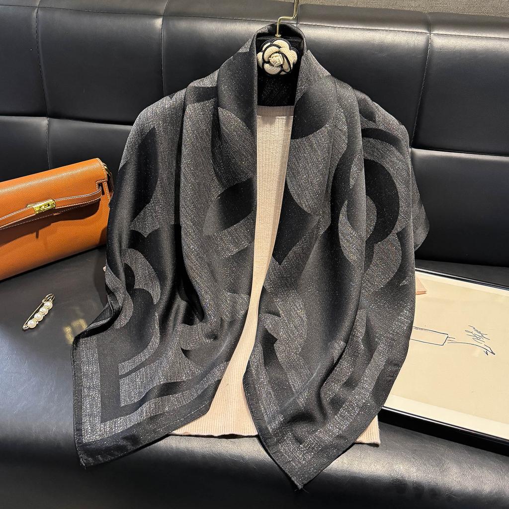 Spring 90Cm Classic Fashion Versatile Shawl Women'S Shade Dust-Proof Camellia Tencel Cotton Silk Scarf
