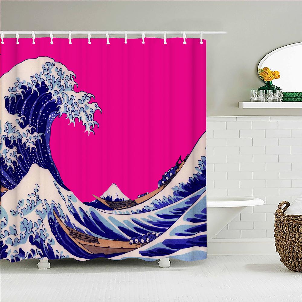 Classic Creativity Waves Spray Bath Curtain Waterproof Fabric Japanese style Shower Curtains Bathroom Bathtub Screen With Hooks