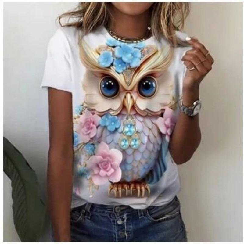 Women's round Neck Short Sleeve T-shirt Animal Print 3D Printing Street Style Loose Fit Summer Casual Wear Polyester Material