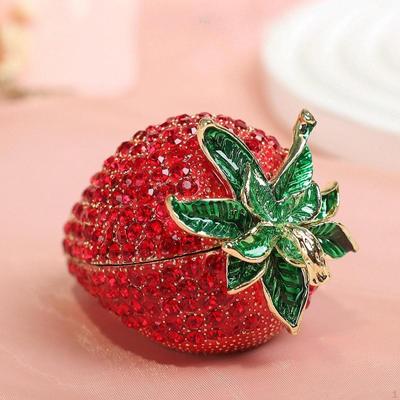 Red Strawberry Trinket Box, Mini Jewelry Holder Decorative Metal Case