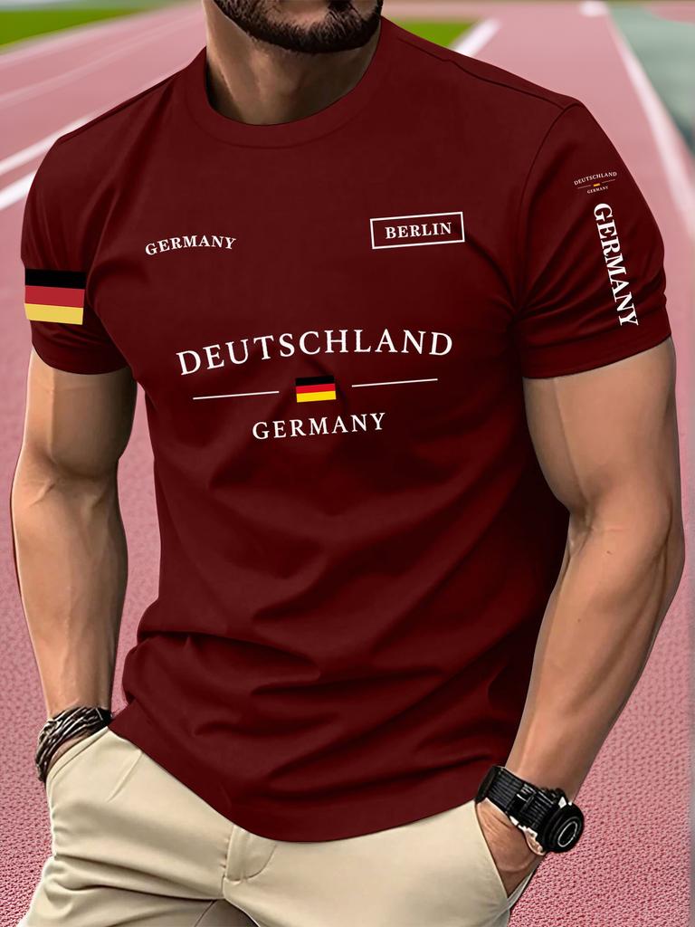 [Print Design – Not Textured German Flag Elements Print Short Sleeve T-Shirt – Summer New Round Neck Sports Top, Fashionable Trendy Running Breathable