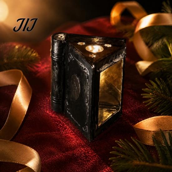 Holiday Anniversary Gift Metal Magic Book Candle Box with Light, Lighted Holder Ornament, Decorative Pillar Stand for Living Room Bedroom Office
