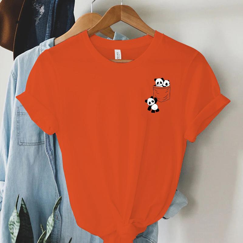 New Women Short Sleeve Top Summer New Pocket Panda Cartoon Printed T-shirt Korean Fashion Women Tops Loose Round Neck T Shirt