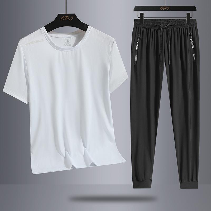 Ice Silk Casual Suit Men's Sports Outdoor Loose Two-piece Set Breathable Quick Drying Round Neck T-shirt Pants