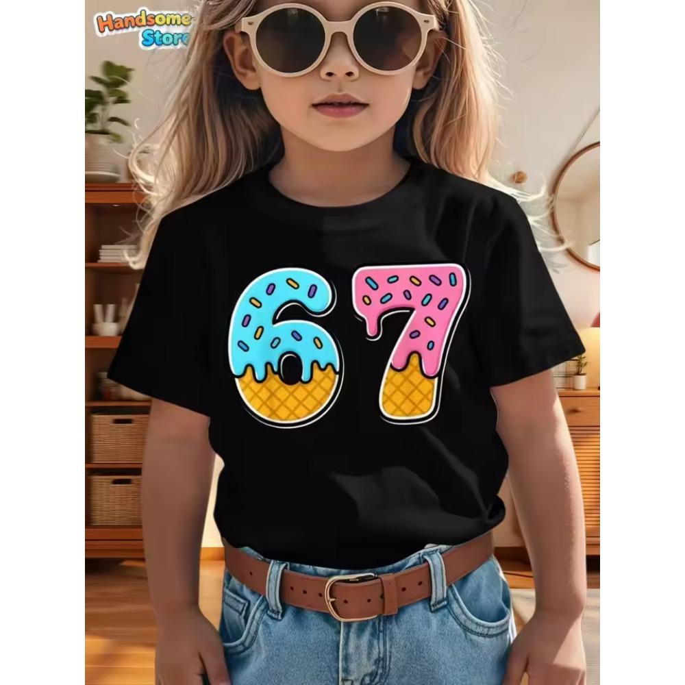 Summer Cartoon Bow Cute 67 Six Seven Print Kids Short Sleeved Shirt Cotton Casual Childrens Tshirt Girls Fashion Clothes Tees