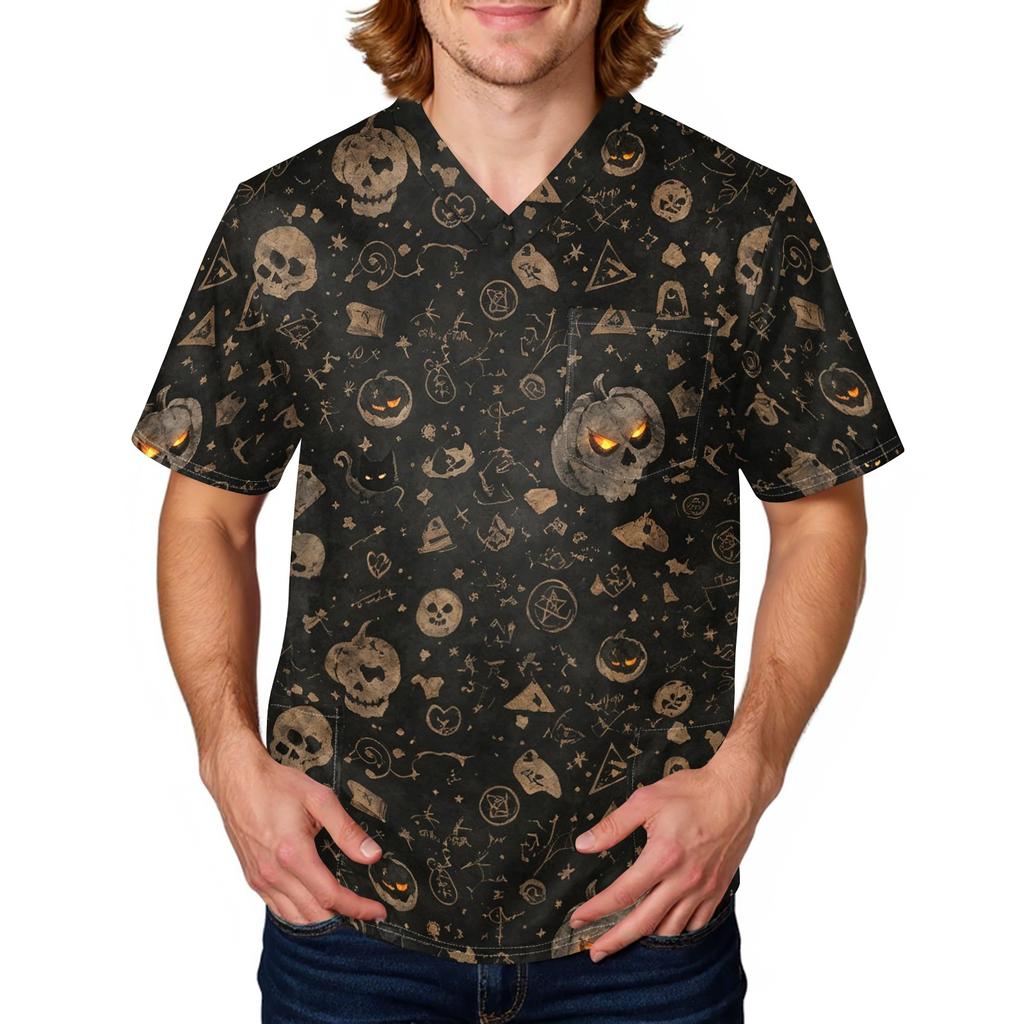 Men's Halloween Print Medical Scrub Top V Neck Tie Pocket Comfortable Fit Workwear for Healthcare Professionals Daily Use