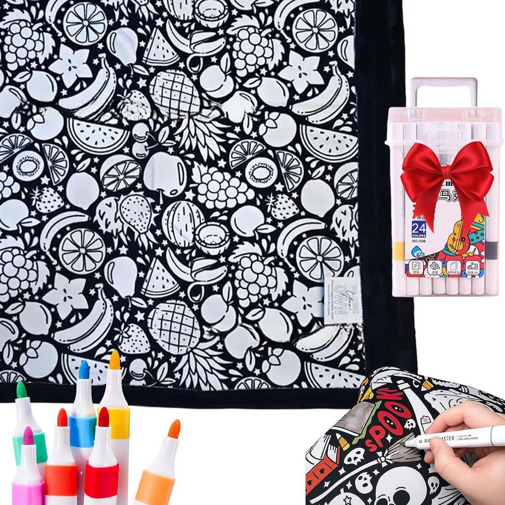 24Color Pens DIY Coloring Blanket with Markers Color Your Own Blanket Washable Reusable Soft Cozy Fleece Drawing Mat for Friends