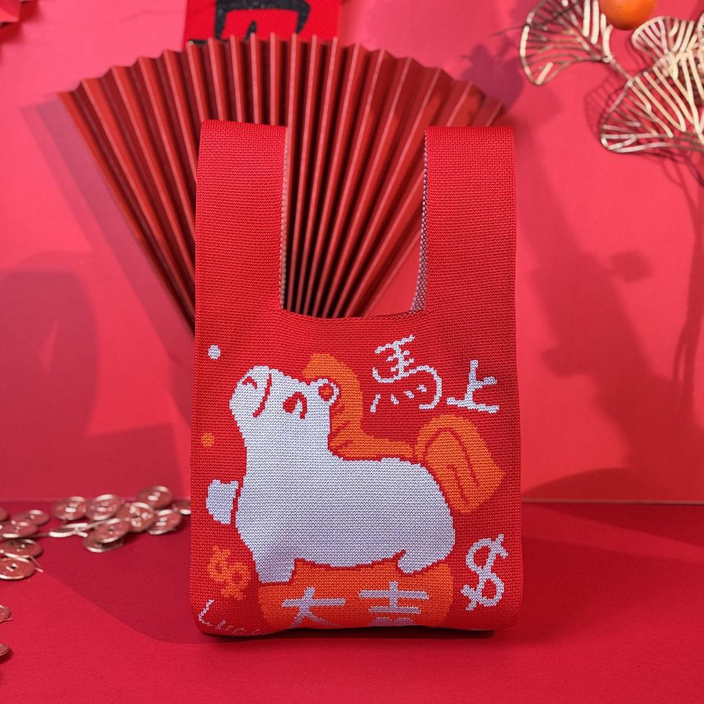 2026 Horse Year Cartoon Mascot Pony Knitted Gift Bag Handheld Candy Bag Mini Knot Wrist Bag Cute Tote Bag Reusable Shopping Bags