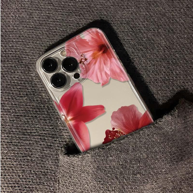 Full Screen Red Flower iPhone Case For iPhone 16 15 14 13 12 11 Pro Max XR XS MAX 7 8 PLUS MINI INS Transparent Shockproof Cover