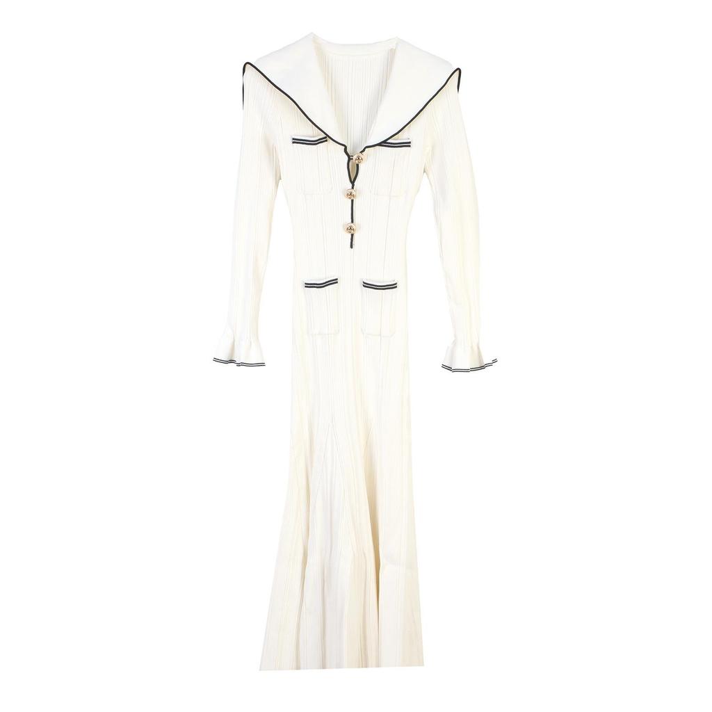 Women's European & American V-Neck Sailor Collar Slimming Fishtail Knitted Dress for Spring & Summer