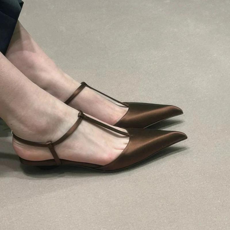 2025 Nye Slankende T-formede Pumps Dame Sexy Tykk Hæl Spiss Mellomhæl Enkelsko Flekk Sommer Lavt Utskjæring Festkjole Sko