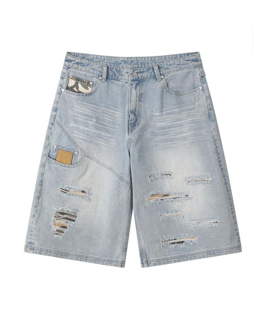 Lujeoseukeulleob Distressed Patch Bermuda Denim Pants Light Blue