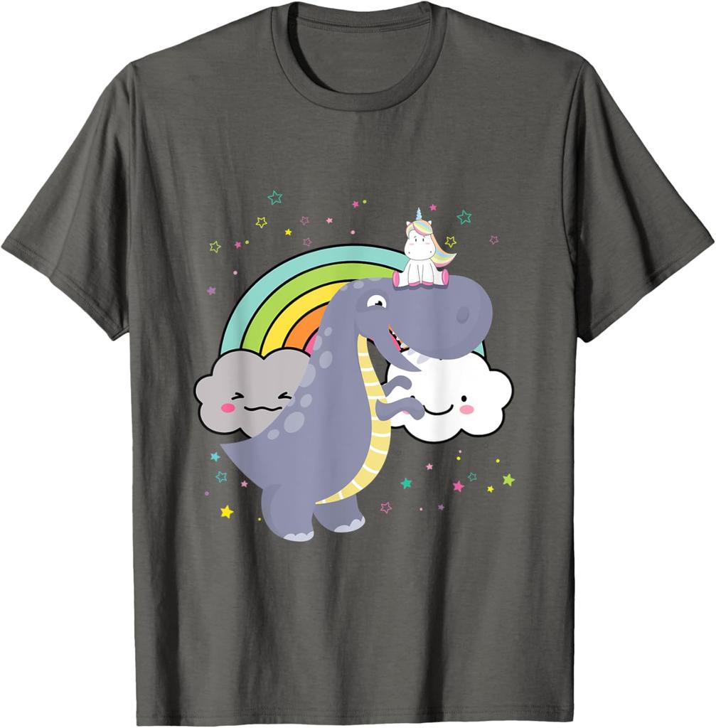 Dinosaurier reitet Einhorn Regenbogenwolken Grafik T-Shirt Lässiges Kurzarm Baumwoll-T-Shirt
