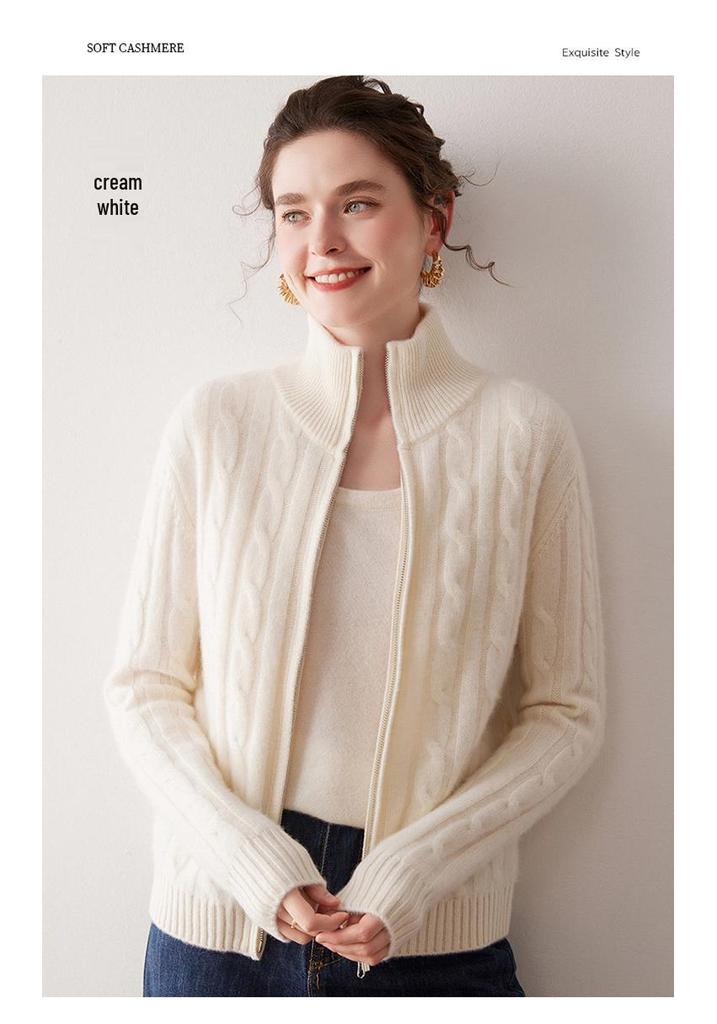Luxury Double Zipper Heavy Duty Cable Knit Cashmere Cardigan for Women - High Neck, Loose Fit, Slimming, Thick Sweater Coat