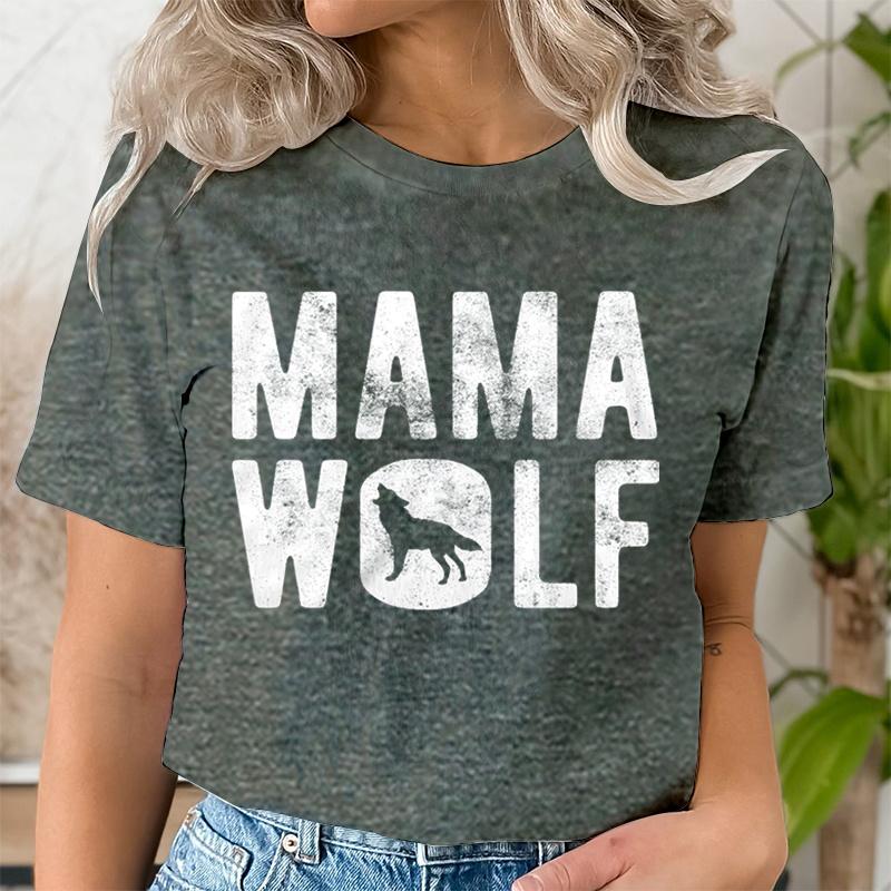 Mama Wolf Print T Shirt for Women Kawaii Graphic Shirts Casual Short Sleeved Black Vintage Female Tee O-neck Harajuku T-shirts