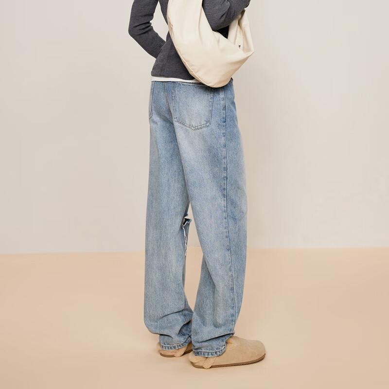 LESS 2024 Autumn Tapered Distressed Cotton Denim Cropped Jeans