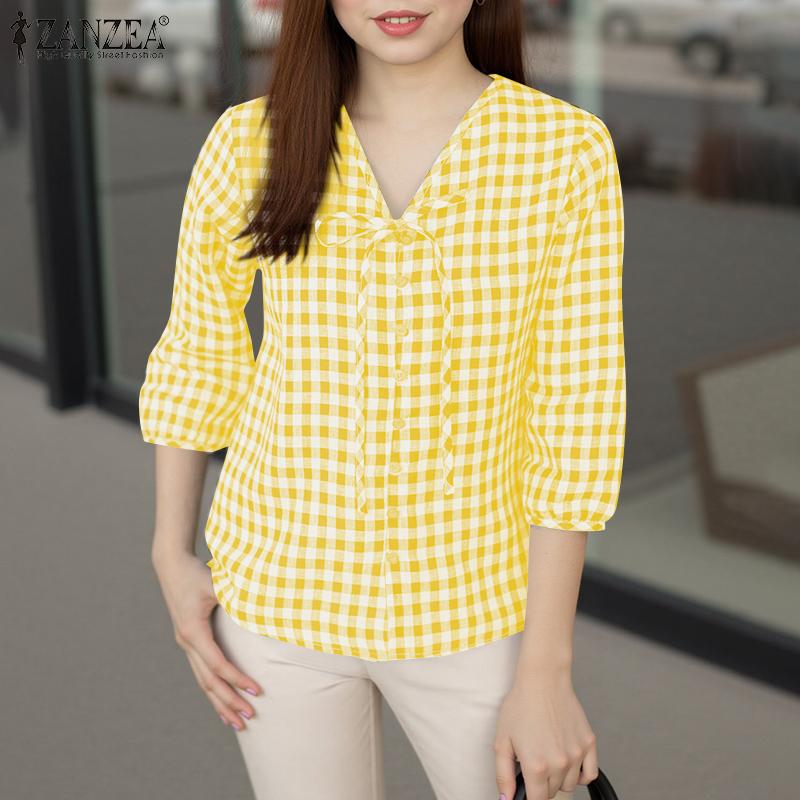 ZANZEA Blusa Casual da Donna con Scollo a V Maniche 3/4 Ampi Stampa a Quadri