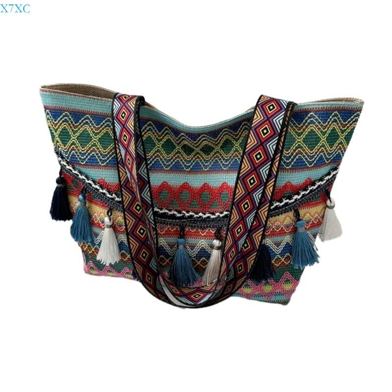 X7XC Stylish Ethnic Women Shoulder Crossbody Bag Fashionable & Practical Knit Tote Bag Minimalists Sholder Bag синий