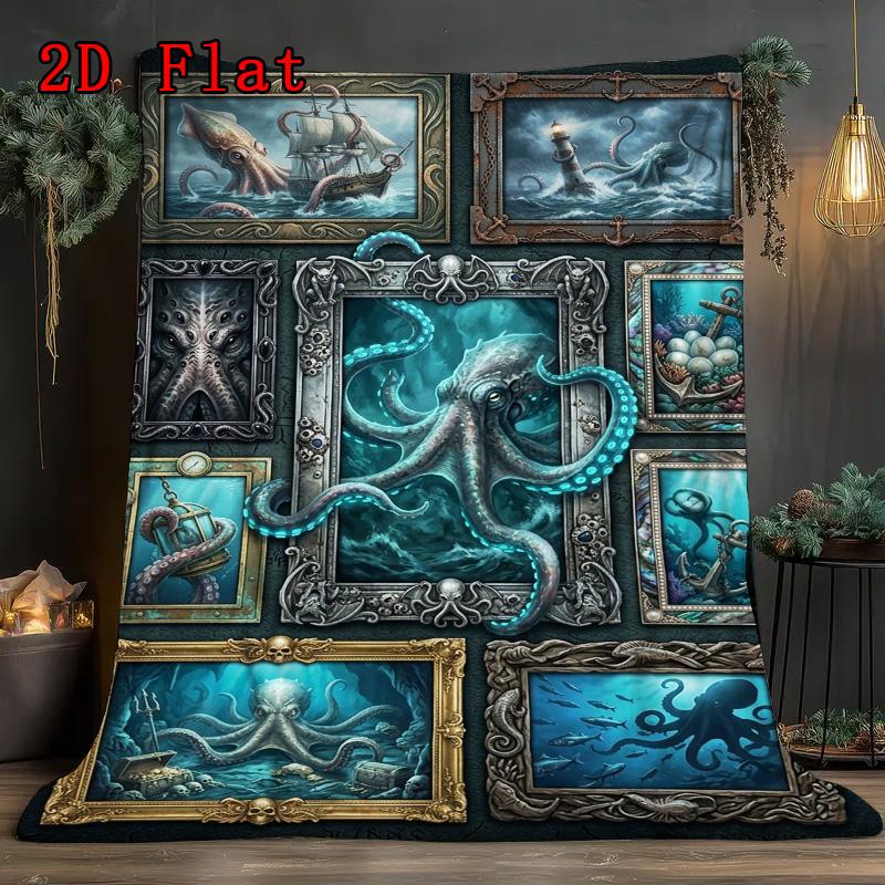 Octopus Art Gallery 2D Flat Pattern Flannel Blanket, High quality All Seasons, Home Decor, Warmth and Comfort, Perfect for Christmas Gifts.