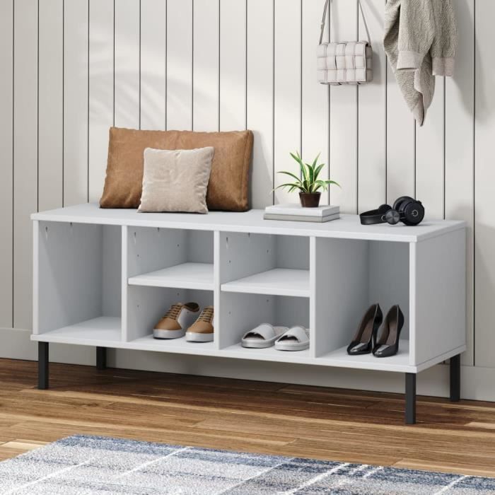 350996 vidaXL Étagère à chaussures pieds en métal Blanc 106x35x45cm Bois OSLO