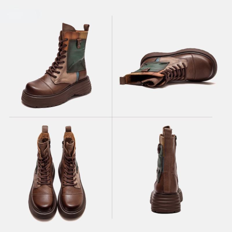 Johnature Damenstiefel mit dicker Sohle, echtes Leder, Retro-Stil, runde Zehenpartie, seitlicher Reißverschluss, gemischte Farben, Plateauschuhe
