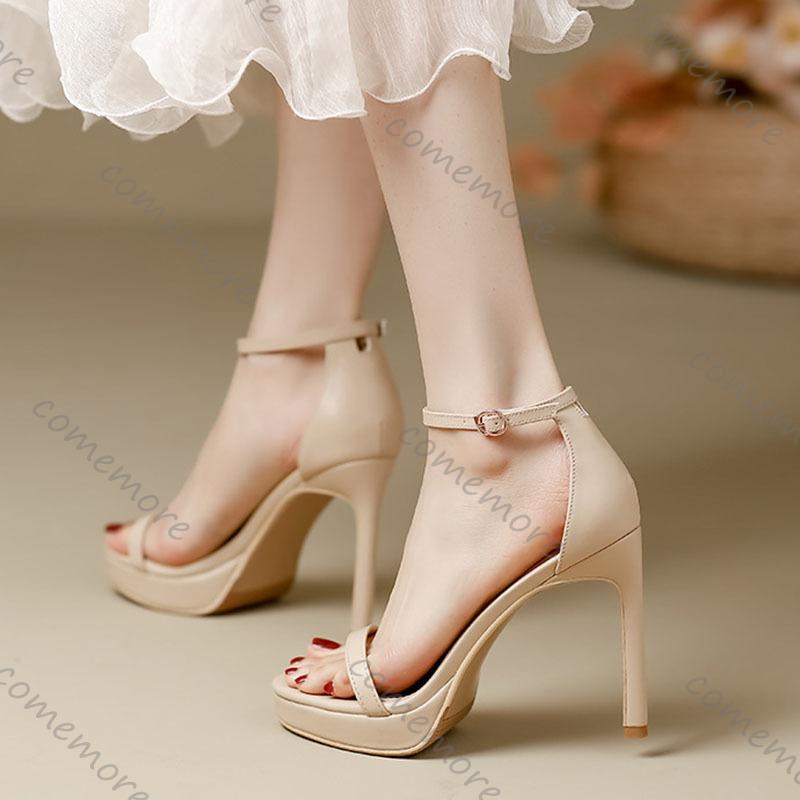 Fashion Comemore Women's High-Heeled Sandals Platform Ankle Buckle Fish Mouth Sexy Nightclub-Style Sexy Stiletto Heel Solid Sandales