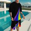 Men Diagonal Orange Yellow Stripe Split Print Short Sleeve Tee And Matching Shorts Two Piece Outfit