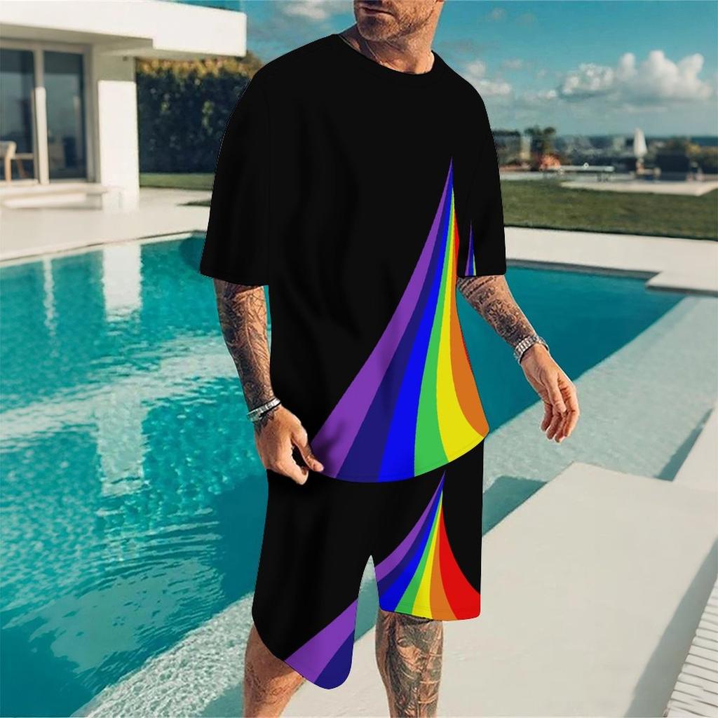 Men Diagonal Orange Yellow Stripe Split Print Short Sleeve Tee And Matching Shorts Two Piece Outfit