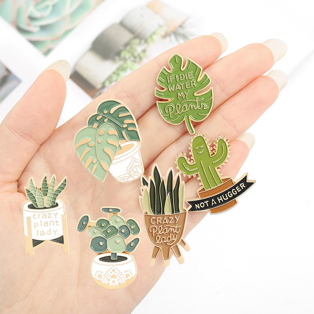 Brooches Cartoon Green Cactus Succulent Potted Plant Enamel Leaf Shape Lapel Girls Pins Boys Jewelry for Clothing Crafting