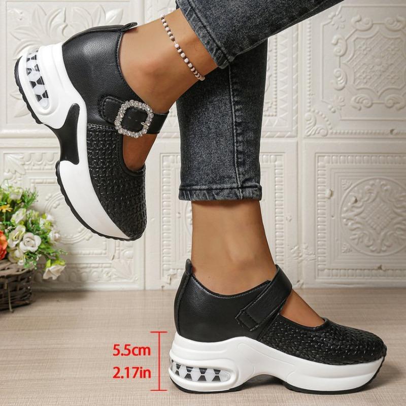 Damen Übergröße Plateau Strassbesatz Slipper Herbst Neu Europäisch Amerikanischer Stil Ein Riemen Schnalle Keilschuhe