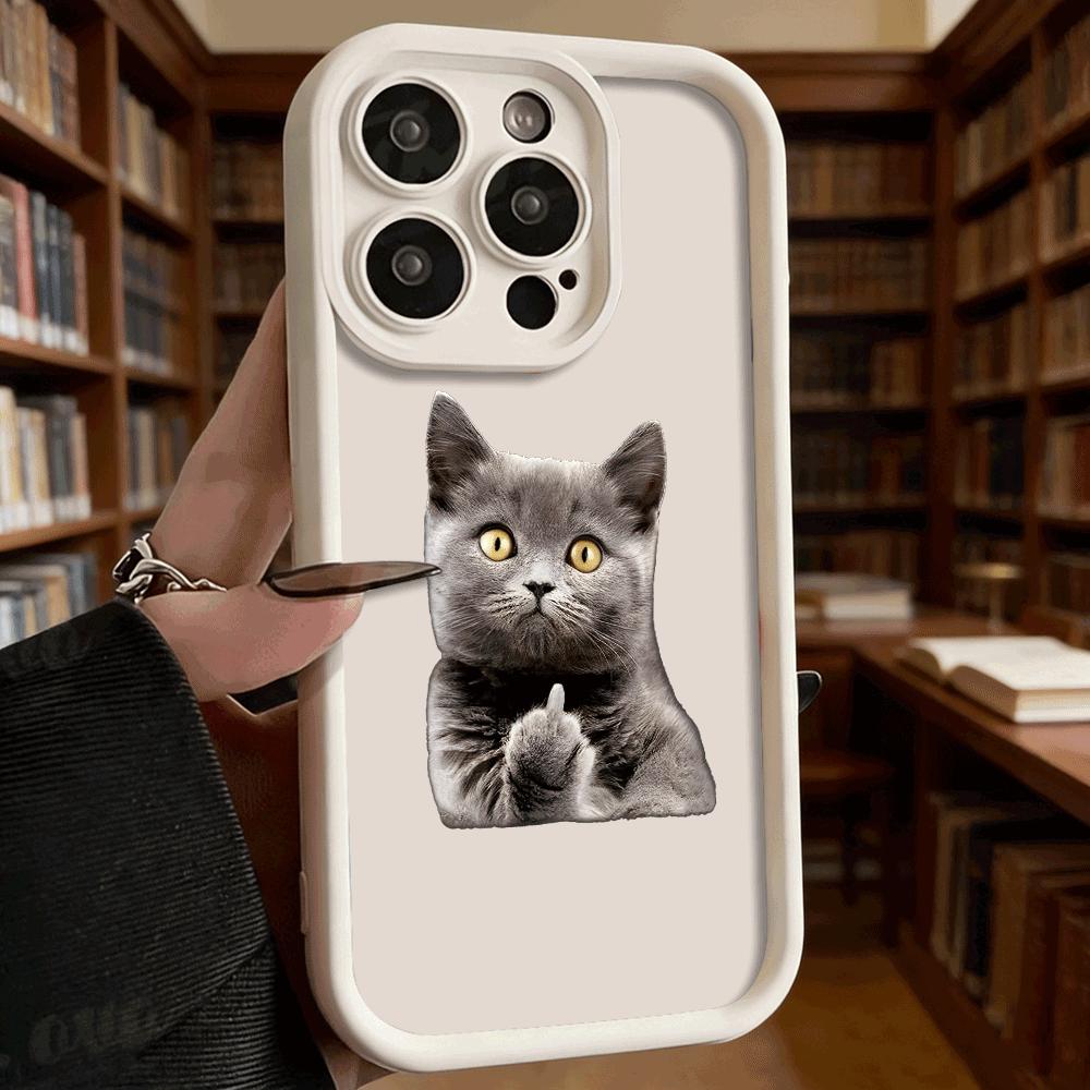 Gray Cat Giving Middle Finger Soft TPU Phone Case for iPhone 17 16 15 14 13 12 11 Pro Max Plus Shockproof Anti-Slip Cover