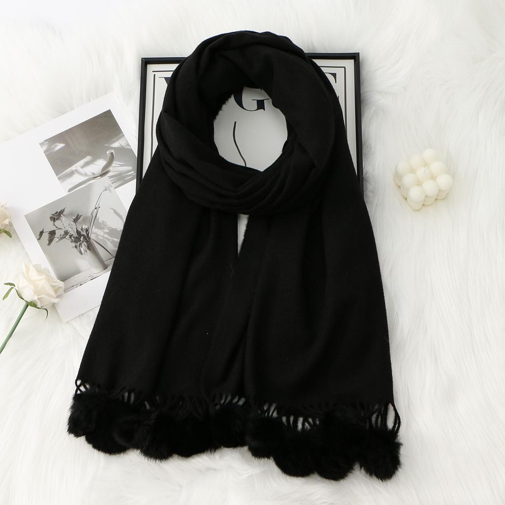 Winter Extended Extra Thick Solid Color Scarfs For Women Muffler With Lovely Hairball Tassel Outdoor Insulation And Warm