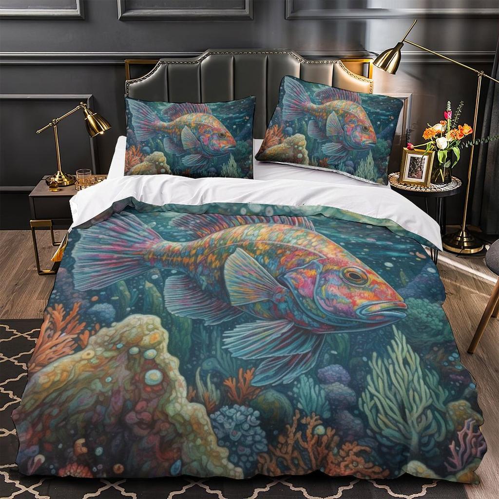 3D Digitaldruck Farbe Fisch Serie Bettbezug Kissenbezug Zwei- oder Dreiteiliges Set Polyester Schleifen